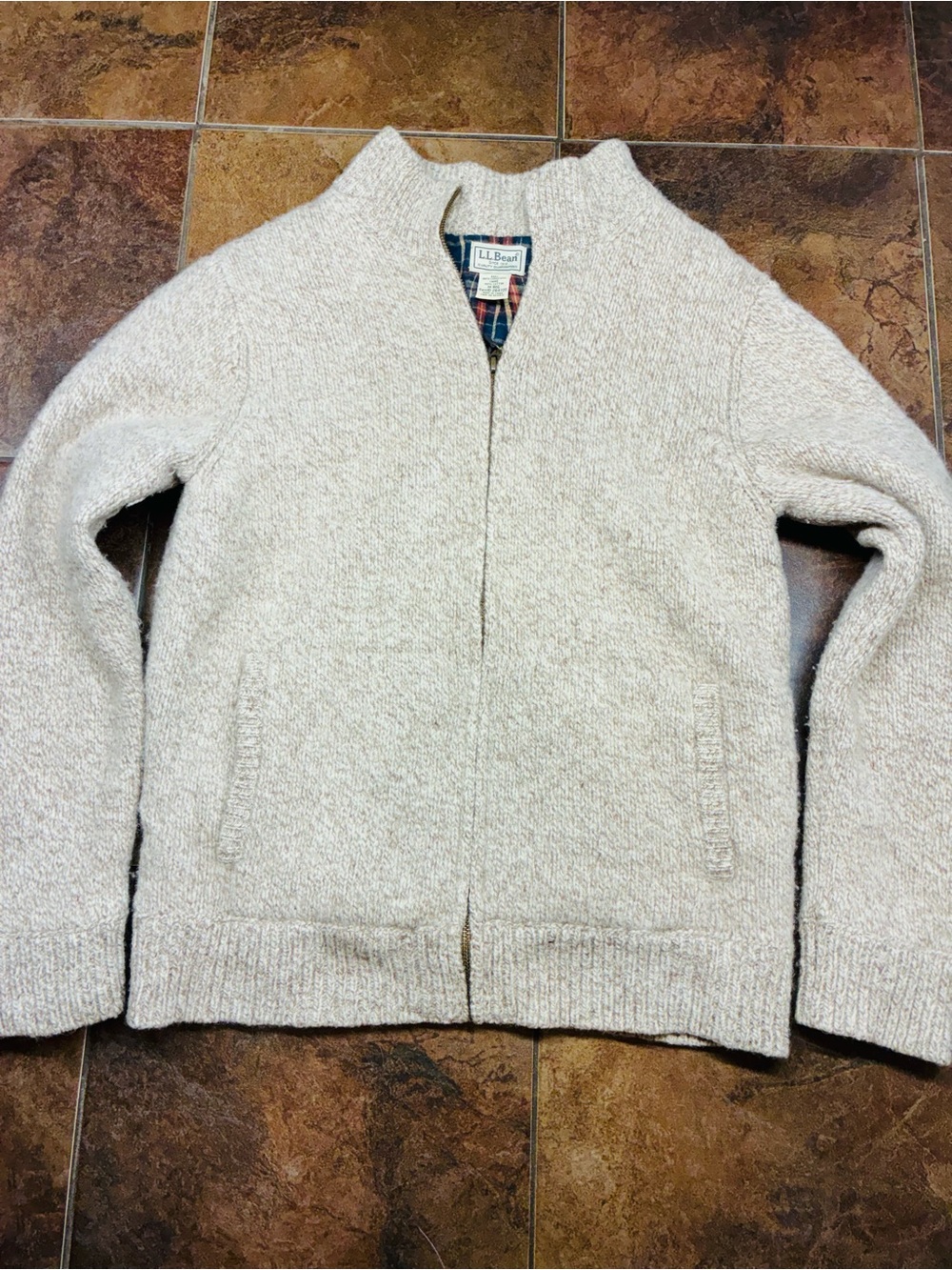 L.L.Bean Wool Zip-Up Sweater with Cotton Plaid Lining
